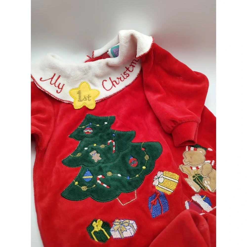 Vtg My First Christmas 9 Months Red Velour 1990s Baby Footie One Piece‎ Pajamas